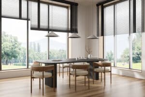 Dining room with modern window blinds