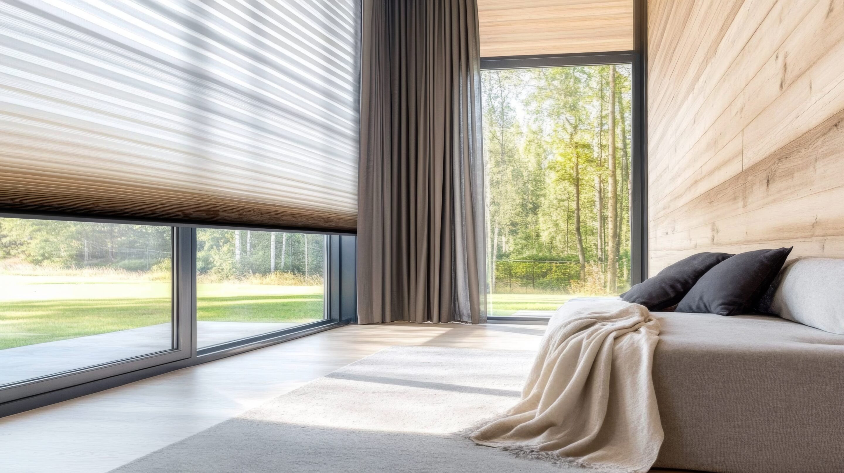 Beautiful bedroom with honeycomb/cellular shades with curtains.