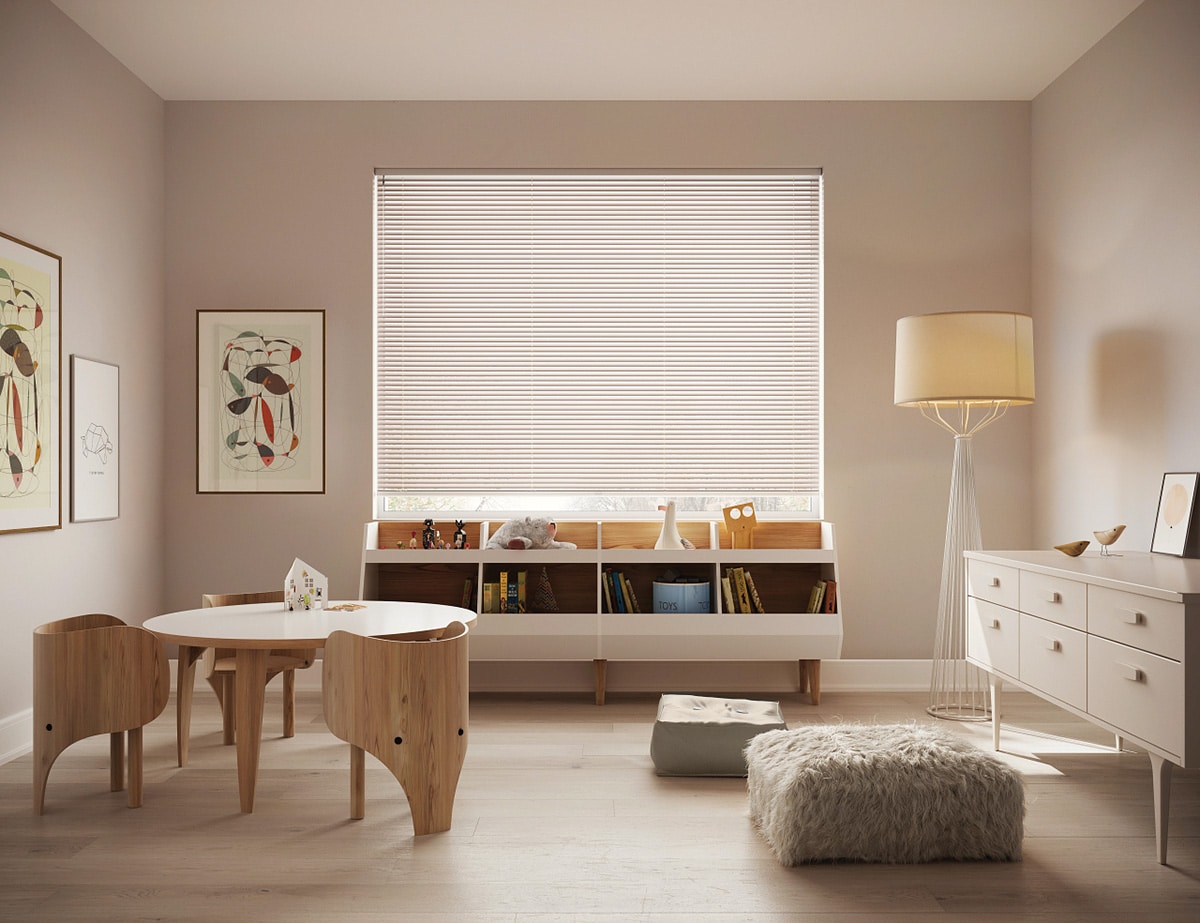Custom Fit Aluminum Blinds filtering in light in a play room.