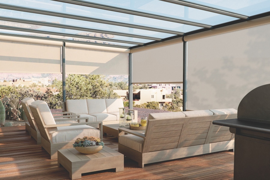 Outdoor Patio shades filtering in natural sunlight on a beautiful patio.