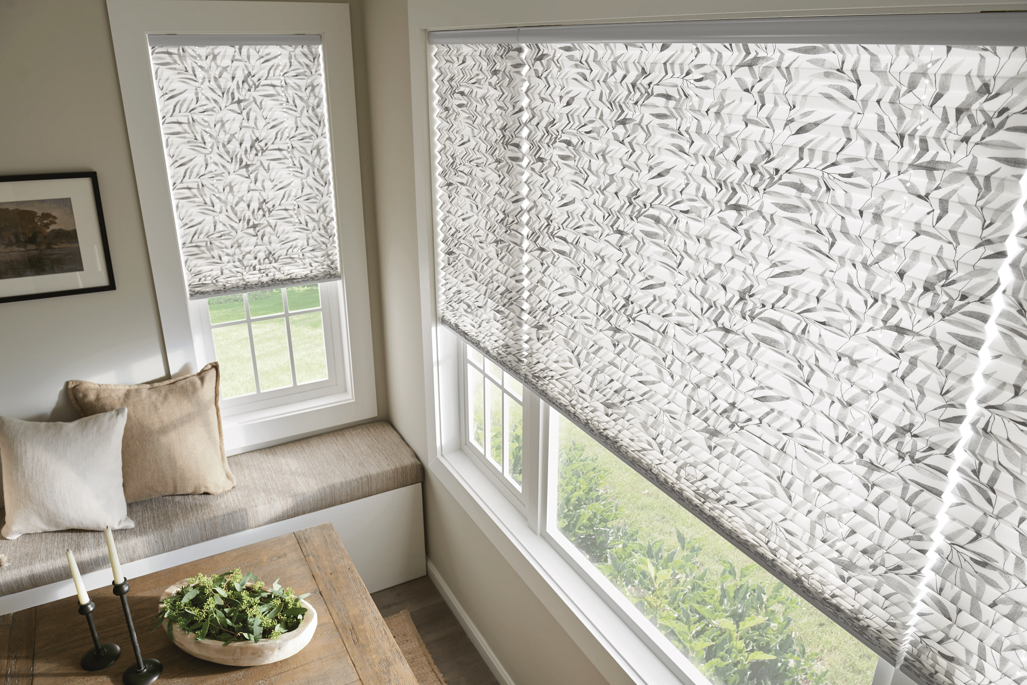 Patterned Pleated Shades filtering in light into a seating area in a Venice home.
