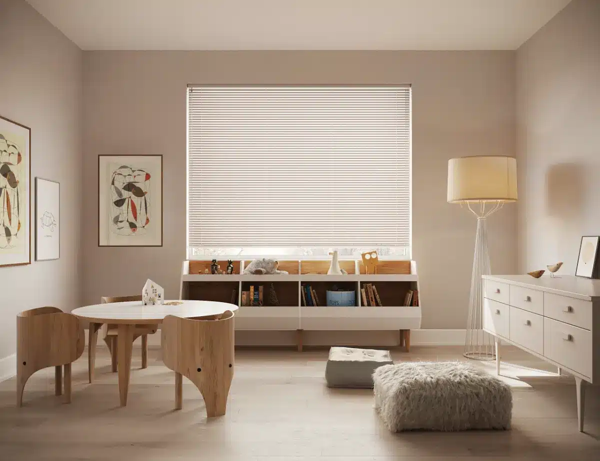 White aluminum blinds on a large window in a modern living room with mid-century furniture in Venice, FL