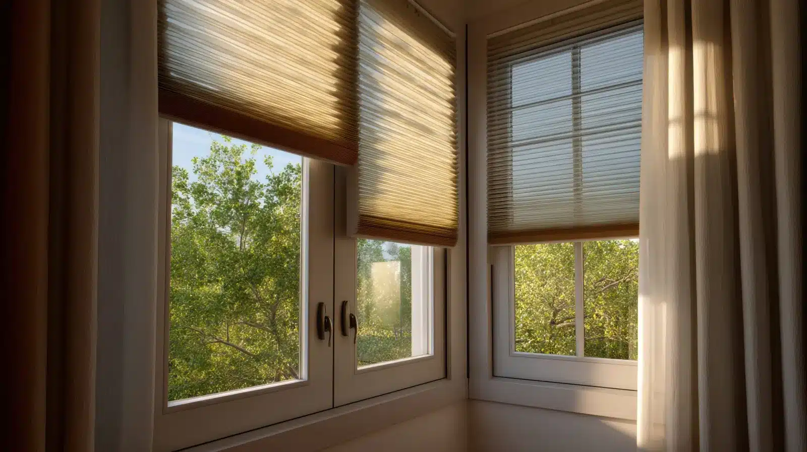 Cellular shades and curtains frame a sunroom with forest views and warm natural light in Venice Cellular shades and curtains frame a sunroom with forest views and warm natural light in Venice