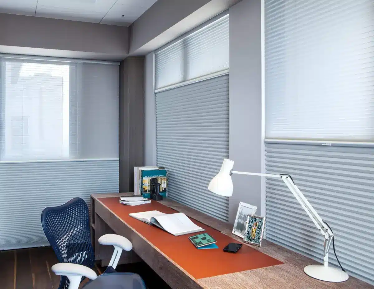 Cellular honeycomb shades on office windows in a modern Venice, FL home Cellular honeycomb shades on office windows in a modern Venice, FL home