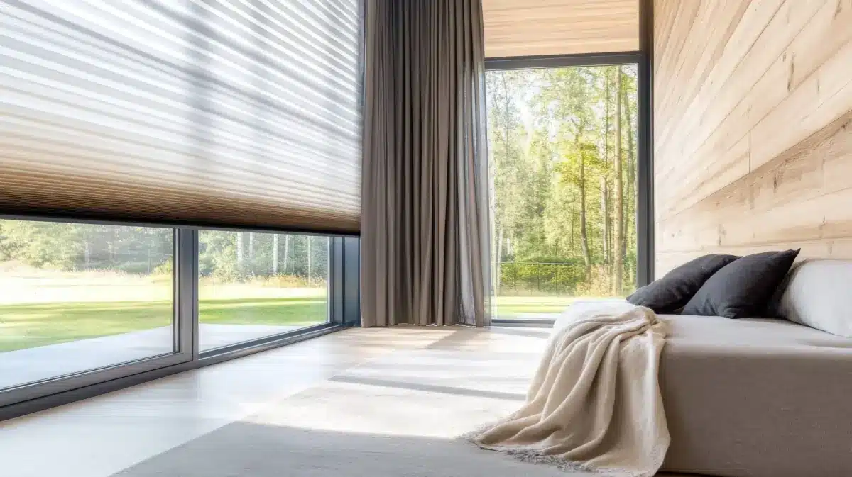 Beautiful bedroom with honeycomb/cellular shades with curtains.