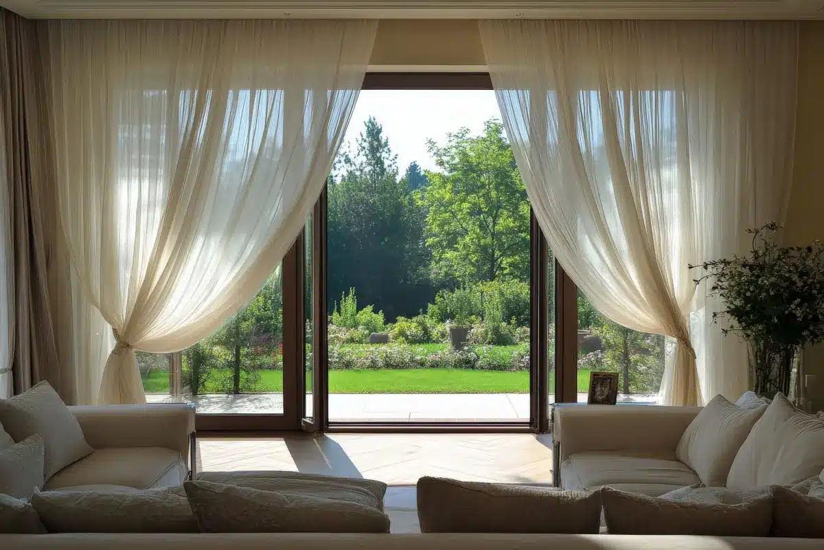 Living Room with Custom Curtains on Patio Doors