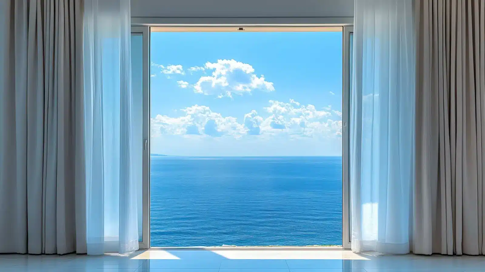 Sheer white curtains frame an expansive ocean view through open patio doors in Venice, FL Sheer white curtains frame an expansive ocean view through open patio doors in Venice, FL