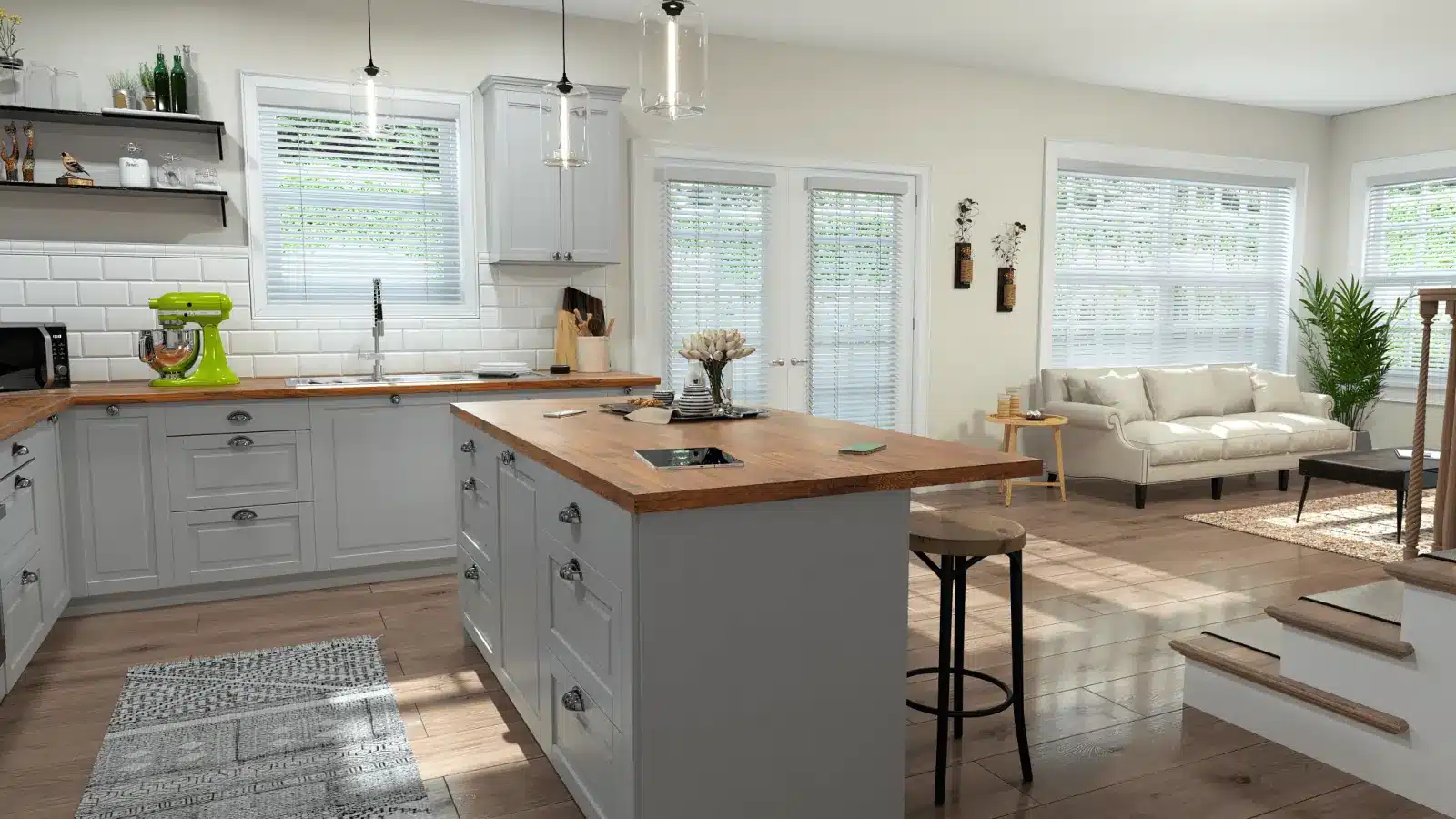 Bright kitchen with white plantation shutters on multiple windows overlooking living room area in Venice