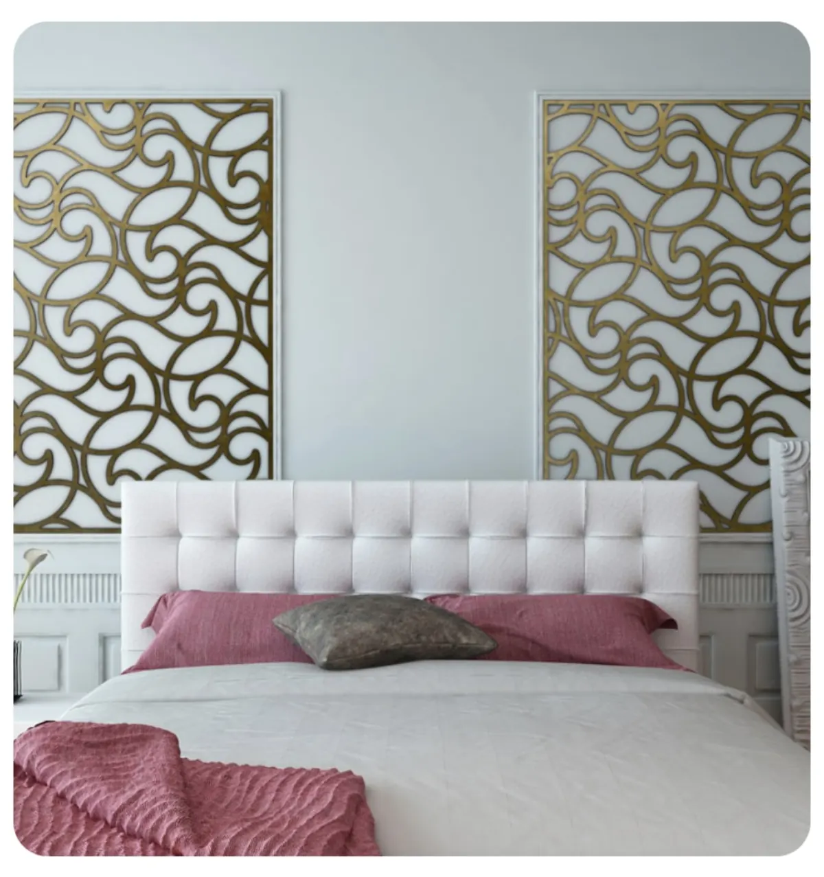 Decorative window grilles with ornamental scrollwork pattern above a white upholstered bed in Venice, FL