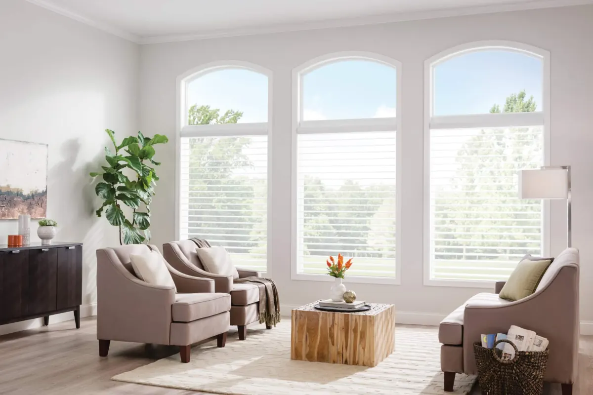 Sheer shades filter natural light in a bright living room with multiple tall windows overlooking trees in Venice, FL