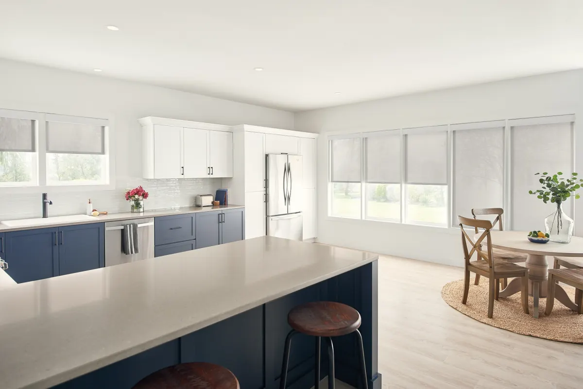 White solar shades in a modern Venice, FL kitchen