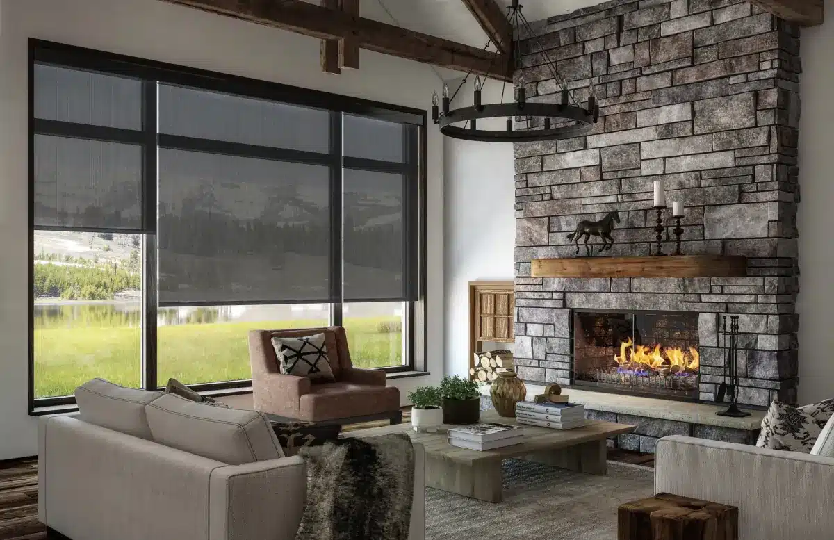 Charcoal solar shades on large living-room windows in Venice, FL