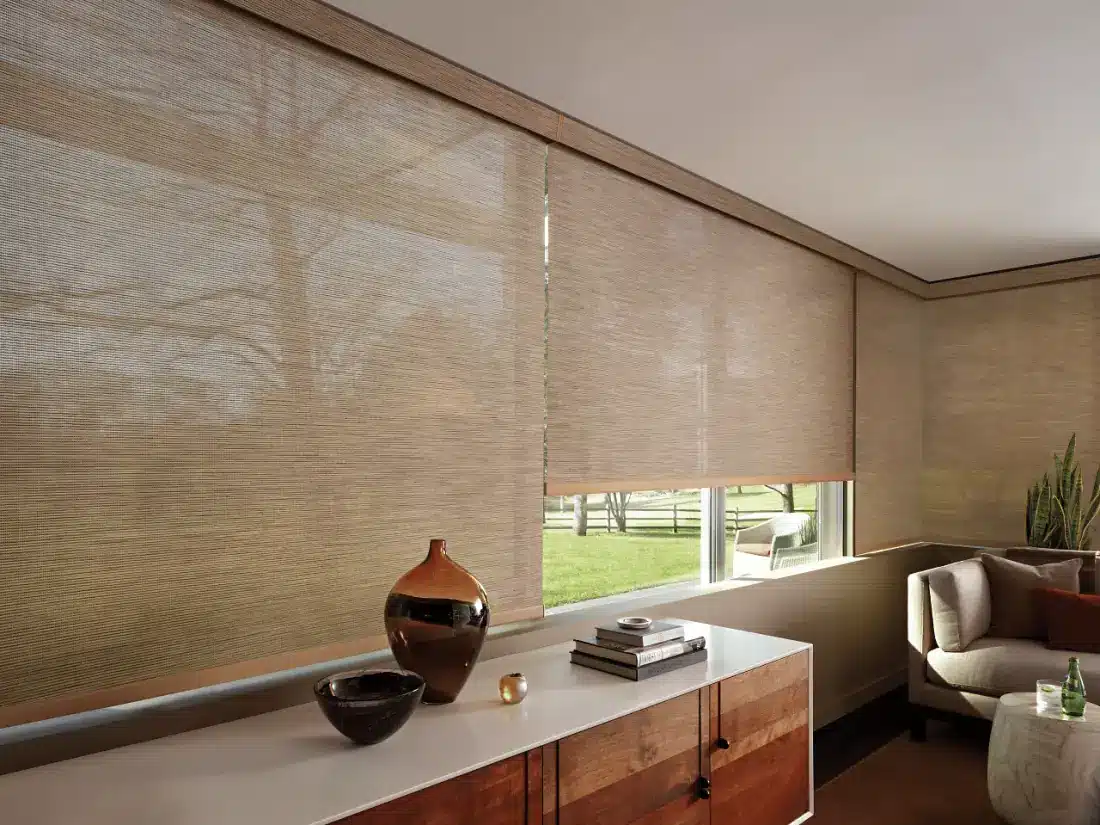 Natural woven solar shades on wide windows in a Venice, FL home